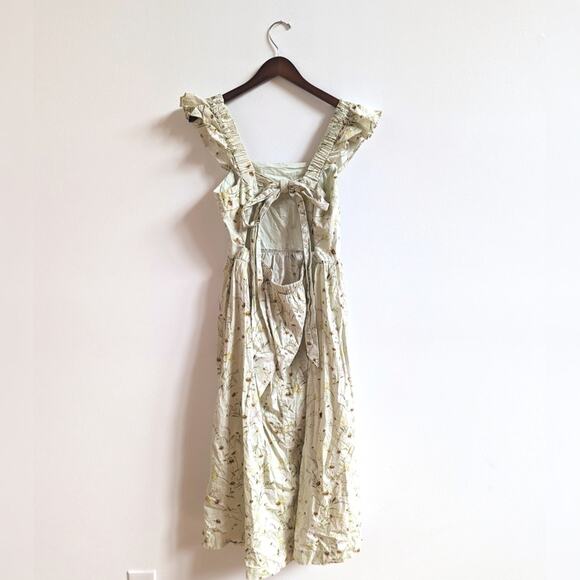 H&M Sundress Women's Sz Medium Green Wildflower Poplin Bow Back Influencer - Picture 3 of 4